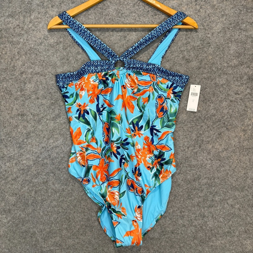 Anthropologie One Piece‎ Swimsuit Womens Large Floral Blue Orange Abstract Art
